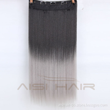 Heat Resistant Synthetic Fake Hair Pieces Long Straight 5 Clips In Hair Extensions Ombre Grey Hairpieces